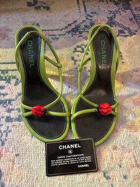 size 7 CHANEL Neon Green Strappy Heels with Red Ladybug Accent